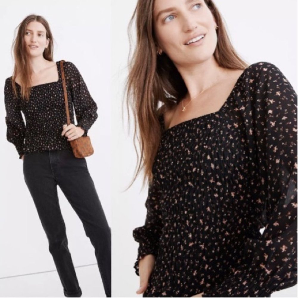 Madewell Top XL Georgette Lucie Bubble Sleeve Smocked Stem Scatter NC832